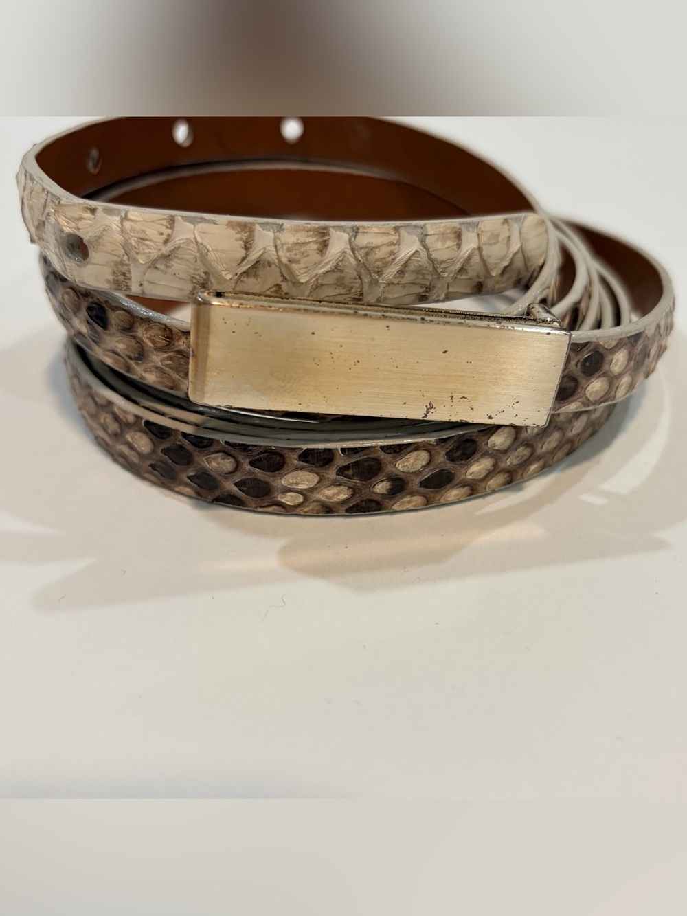 Leighelena Genuine Snakeskin Leather Belt Gray Python Print Wide Statement Belt